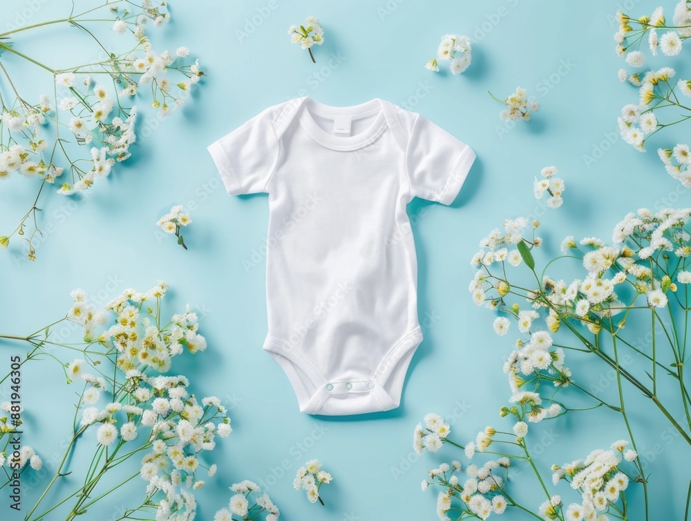 A cute baby bodysuit on a blue background surrounded by colorful flowers, perfect for nursery decor or a baby shower gift A cute baby bodysuit on a blue background surrounded by colorful flowers, perfect for nursery decor or a baby shower gift