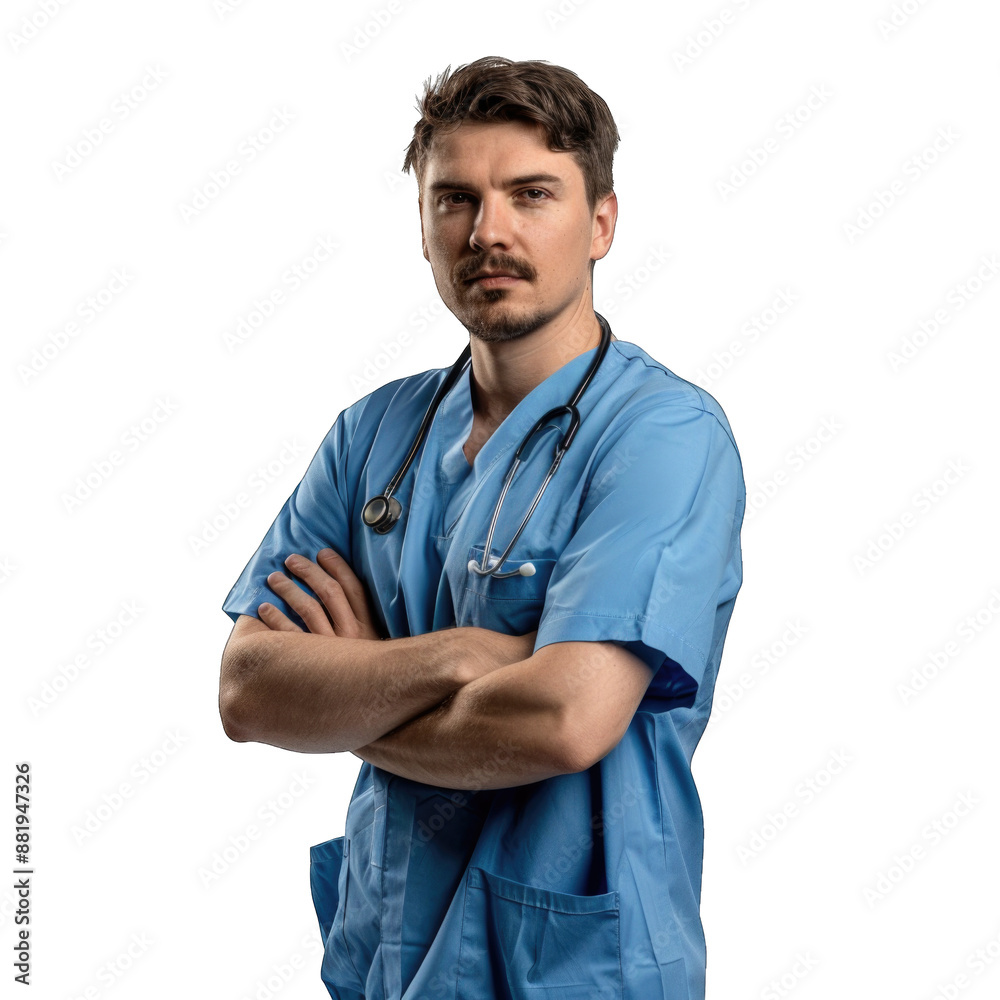 Healthcare, profession and medicine concept - happy smiling doctor or male nurse in blue uniform with stethoscope. Transparent background or PNG file Healthcare, profession and medicine concept - happy smiling doctor or male nurse in blue uniform with stethoscope. Transparent background or PNG file