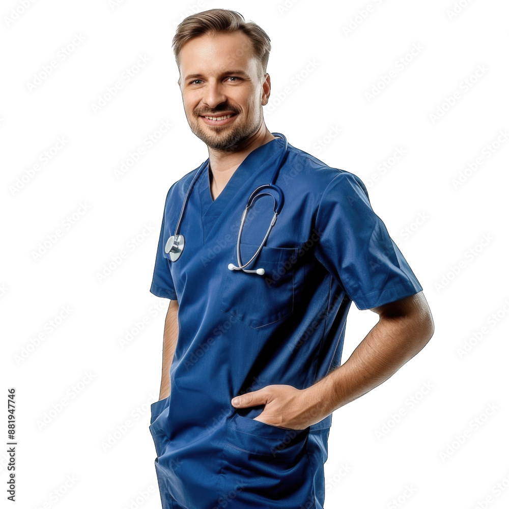 Healthcare, profession and medicine concept - happy smiling doctor or male nurse in blue uniform with stethoscope. Transparent background or PNG file Healthcare, profession and medicine concept - happy smiling doctor or male nurse in blue uniform with stethoscope. Transparent background or PNG file