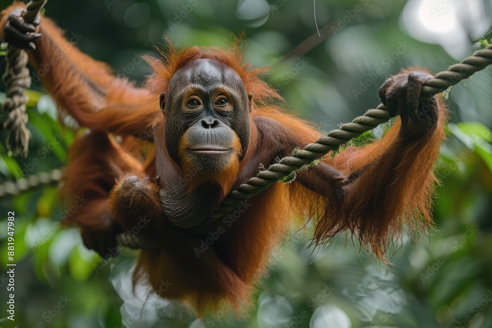 Fototapeta premium A Tapanuli orangutan swinging from vine to vine in a Sumatran jungle, its distinctive reddish fur and long arms creating a striking image. 