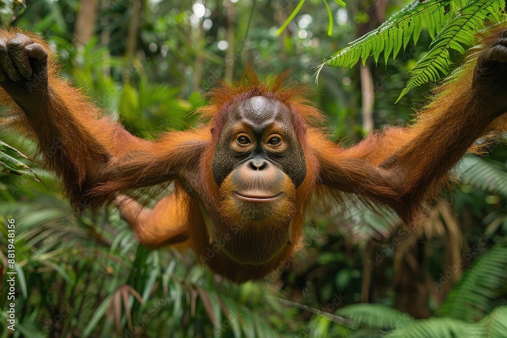 Fototapeta premium A Tapanuli orangutan swinging from vine to vine in a Sumatran jungle, its distinctive reddish fur and long arms creating a striking image. 