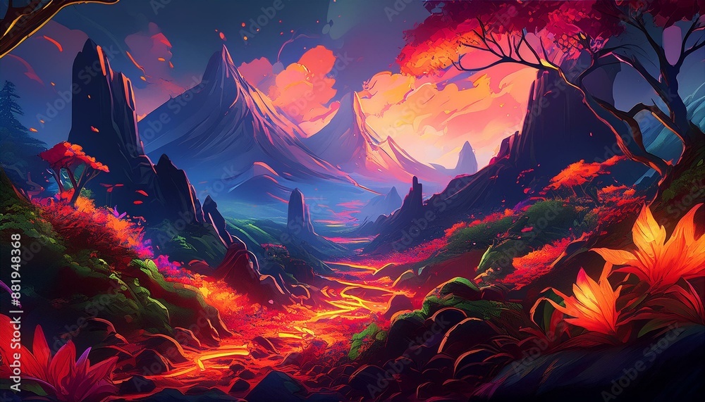 A fiery landscape with erupting volcanoes, rivers of molten lava, and charred, rocky terrain. A fiery landscape with erupting volcanoes, rivers of molten lava, and charred, rocky terrain.