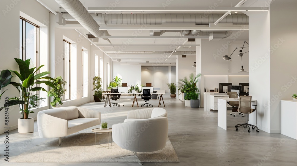 An office with white walls, simple furniture, and an open layout An office with white walls, simple furniture, and an open layout
