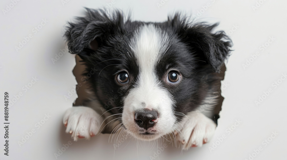 Adorable Border Collie puppy dog face sticking its head out of hole in white paper isolated on plain white background Adorable Border Collie puppy dog face sticking its head out of hole in white paper isolated on plain white background