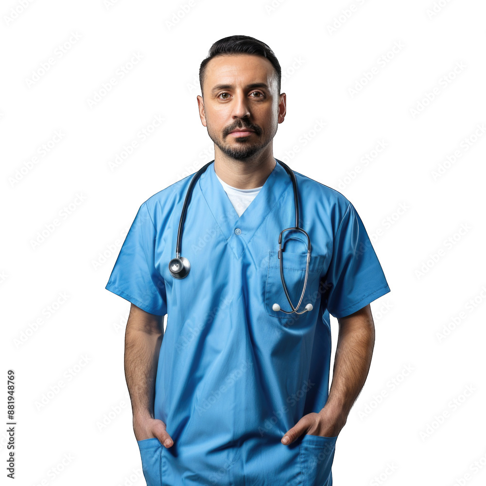 Healthcare, profession and medicine concept - happy smiling doctor or male nurse in blue uniform with stethoscope. Transparent background or PNG file