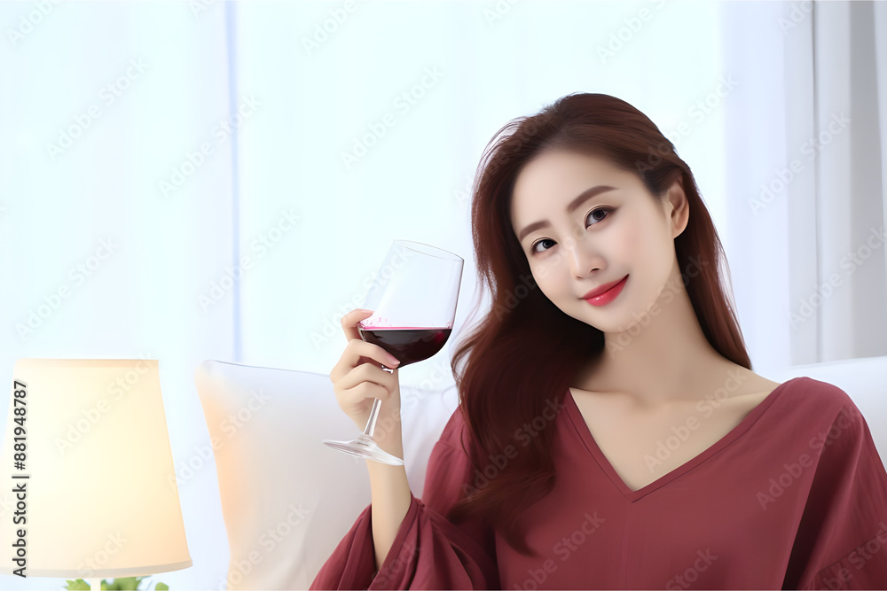Elegant Asian Beauty with Radiant Skin in Stylish Summer Attire, Enjoying a Glass of Wine Elegant Asian Beauty with Radiant Skin in Stylish Summer Attire, Enjoying a Glass of Wine