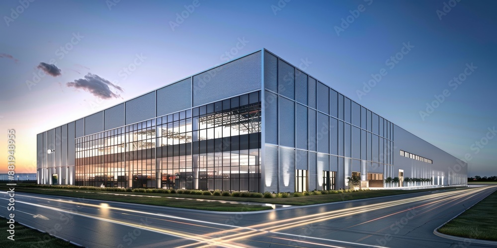 Modern White Warehouse Building with Light Gray Metal Accents, Surrounded by Green Grass and Concrete Roads in an Industrial Area Modern White Warehouse Building with Light Gray Metal Accents, Surrounded by Green Grass and Concrete Roads in an Industrial Area