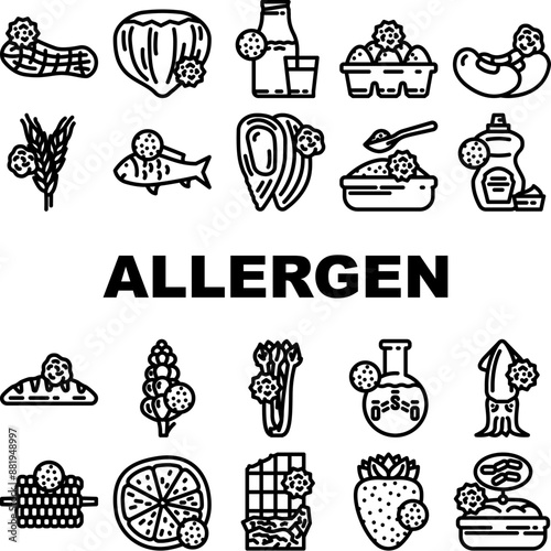 allergen product free food icons set vector. gluten sugar, egg soy, lactose vegan, gmo dairy, milk label, organic cosmetic, fat allergen product free food black contour illustrations