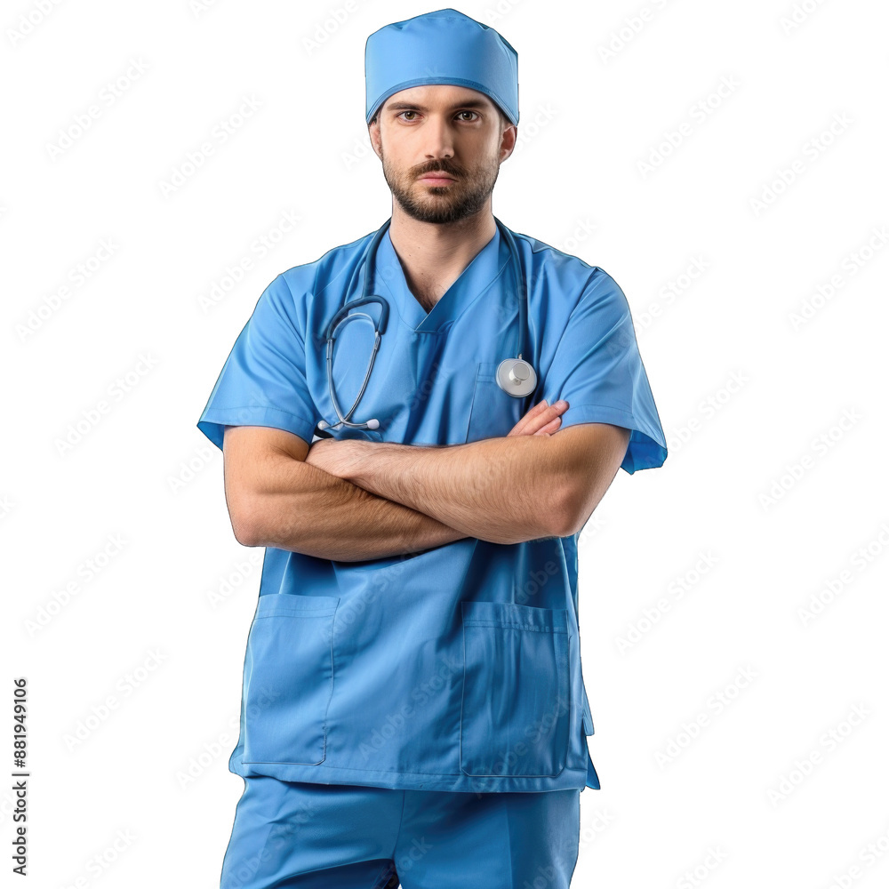 Healthcare, profession and medicine concept - happy smiling doctor or male nurse in blue uniform with stethoscope. Transparent background or PNG file Healthcare, profession and medicine concept - happy smiling doctor or male nurse in blue uniform with stethoscope. Transparent background or PNG file