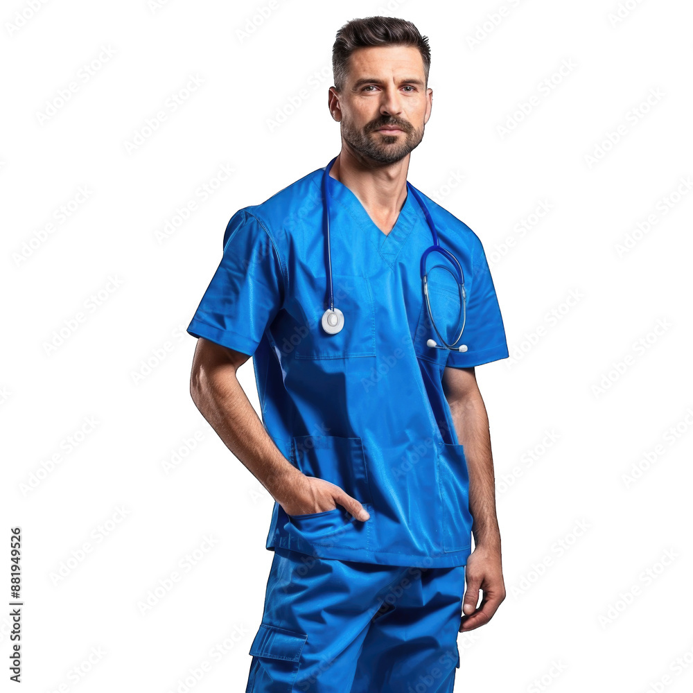 Healthcare, profession and medicine concept - happy smiling doctor or male nurse in blue uniform with stethoscope. Transparent background or PNG file Healthcare, profession and medicine concept - happy smiling doctor or male nurse in blue uniform with stethoscope. Transparent background or PNG file
