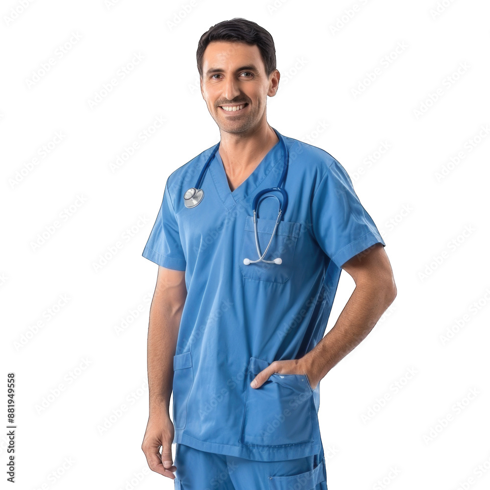 Healthcare, profession and medicine concept - happy smiling doctor or male nurse in blue uniform with stethoscope. Transparent background or PNG file Healthcare, profession and medicine concept - happy smiling doctor or male nurse in blue uniform with stethoscope. Transparent background or PNG file