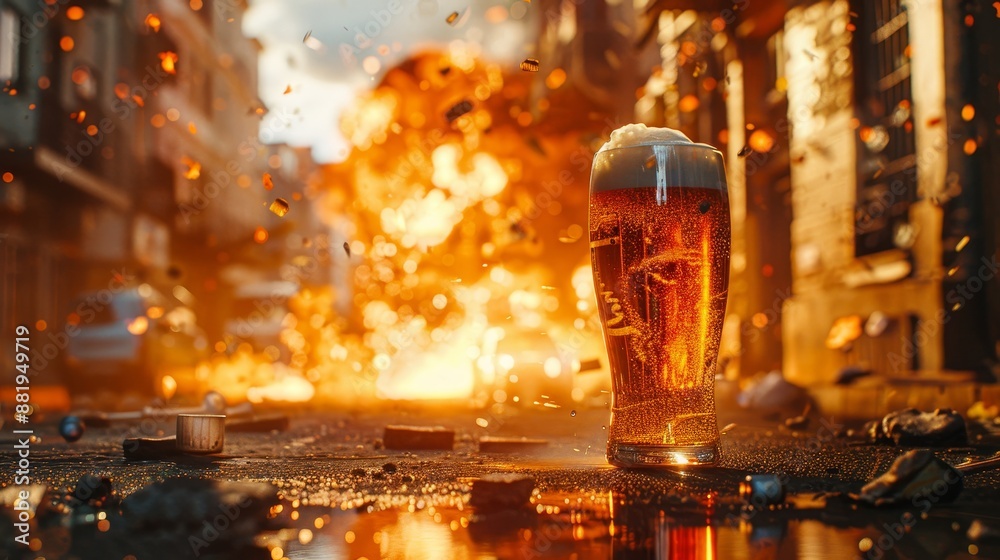 Image of glass beer pint falling to the street and exploding with cars ...