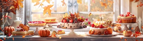 A festive autumn display of various desserts and pumpkins by a window with colorful fall leaves, capturing the essence of the season. © Tin