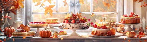 A festive autumn display of various desserts and pumpkins by a window with colorful fall leaves, capturing the essence of the season.