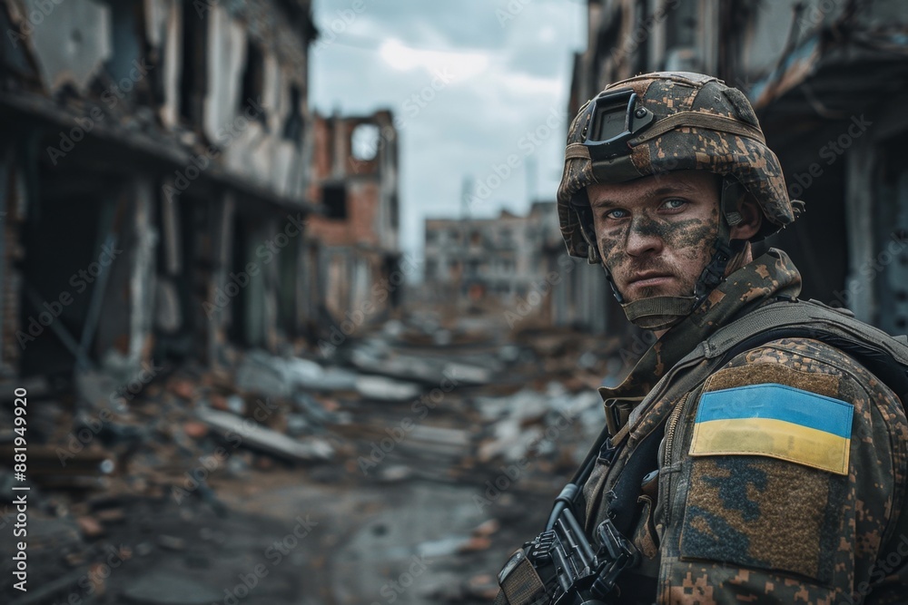A soldier stands amidst a war-torn urban landscape. Worn buildings and rubble surround him. The scene is somber and intense, capturing a moment of conflict and resilience. Generative AI A soldier stands amidst a war-torn urban landscape. Worn buildings and rubble surround him. The scene is somber and intense, capturing a moment of conflict and resilience. Generative AI