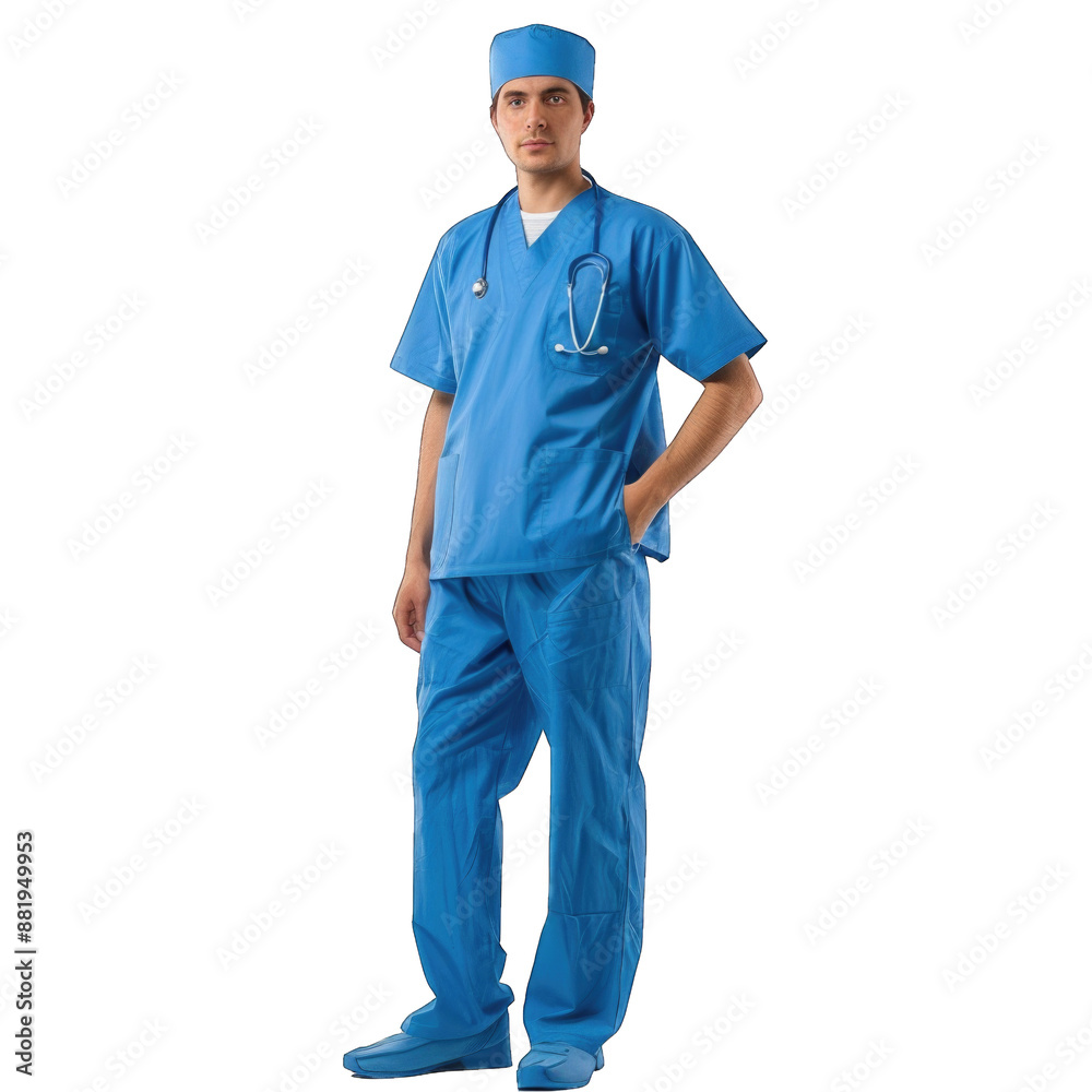 Full length portrait of medical doctor with stethoscope. Transparent background or PNG file