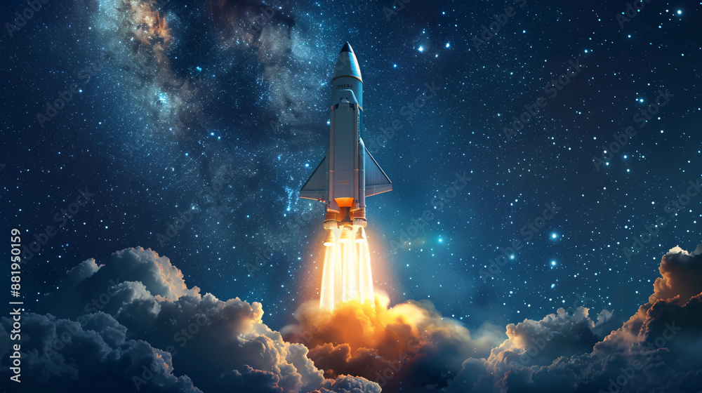 Futuristic rocket taking off illustration, beautiful visualization of a spaceship landing, interplanetary species concept, rocket taking off in the night sky. Futuristic rocket taking off illustration, beautiful visualization of a spaceship landing, interplanetary species concept, rocket taking off in the night sky.