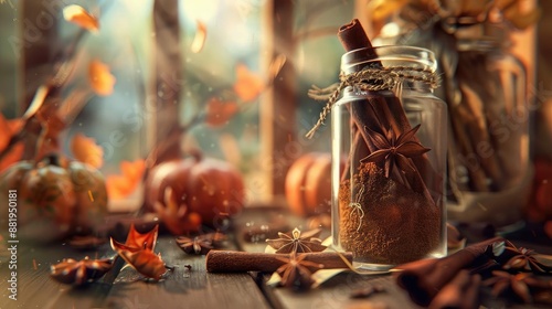 Fototapeta Naklejka Na Ścianę i Meble -  Cozy autumn scene with a jar of spices, pumpkins, and fall leaves on a wooden table by the window, evoking warmth and seasonal comfort.