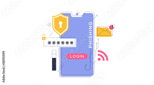 Phishing cyber crime vector illustration. Visuals provide bait in the form of phishing emails, email notifications. Cyber ​​threat awareness, internet fraud awareness, smartphone fraud alert