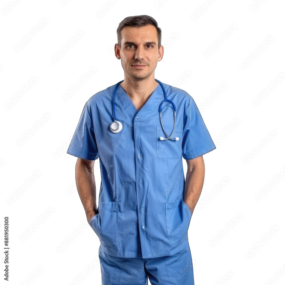 Healthcare, profession and medicine concept - happy smiling doctor or male nurse in blue uniform with stethoscope. Transparent background or PNG file Healthcare, profession and medicine concept - happy smiling doctor or male nurse in blue uniform with stethoscope. Transparent background or PNG file