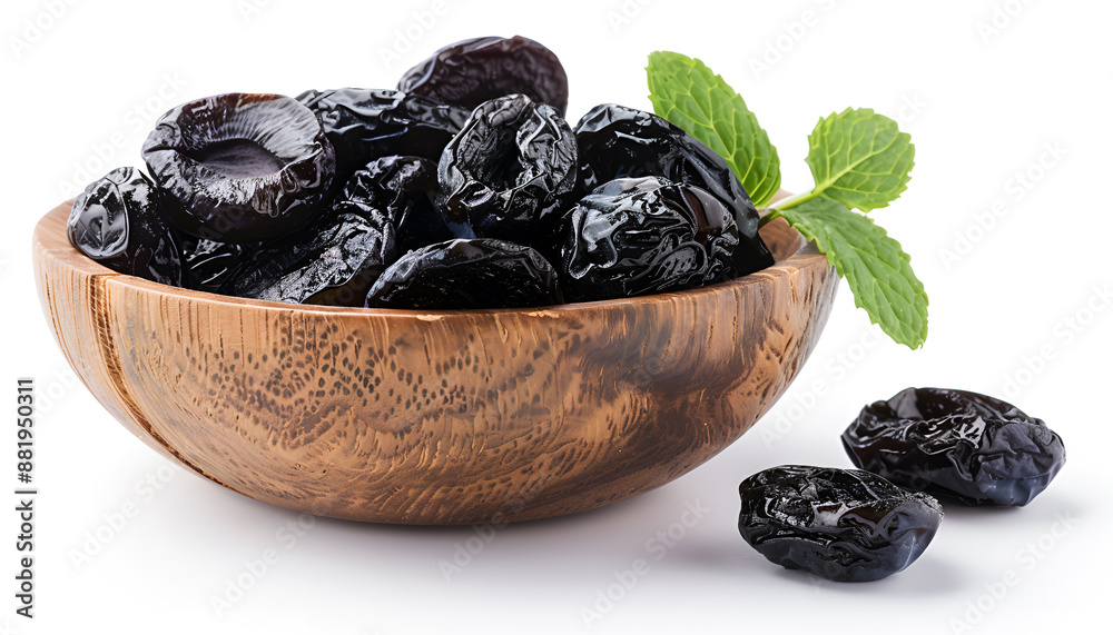 Dried plums or prunes with a mint leaf in wooden bowl isolated on white background Dried plums or prunes with a mint leaf in wooden bowl isolated on white background