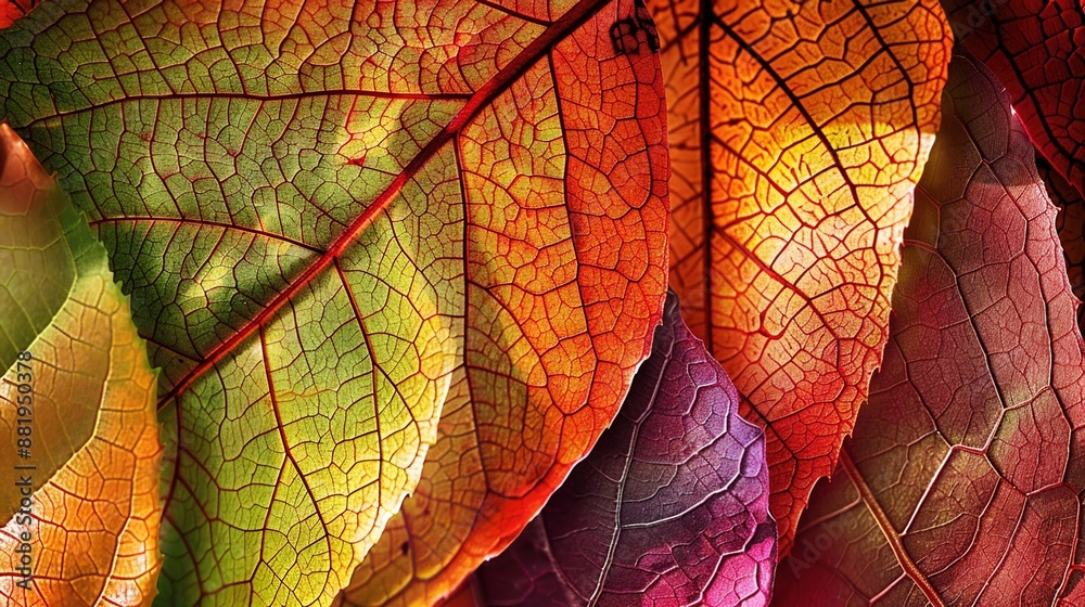 Obraz premium Intertwined Beauty of Autumn Leaves: Abstract Close-Up of Vibrant Veins and Textures in High Contrast