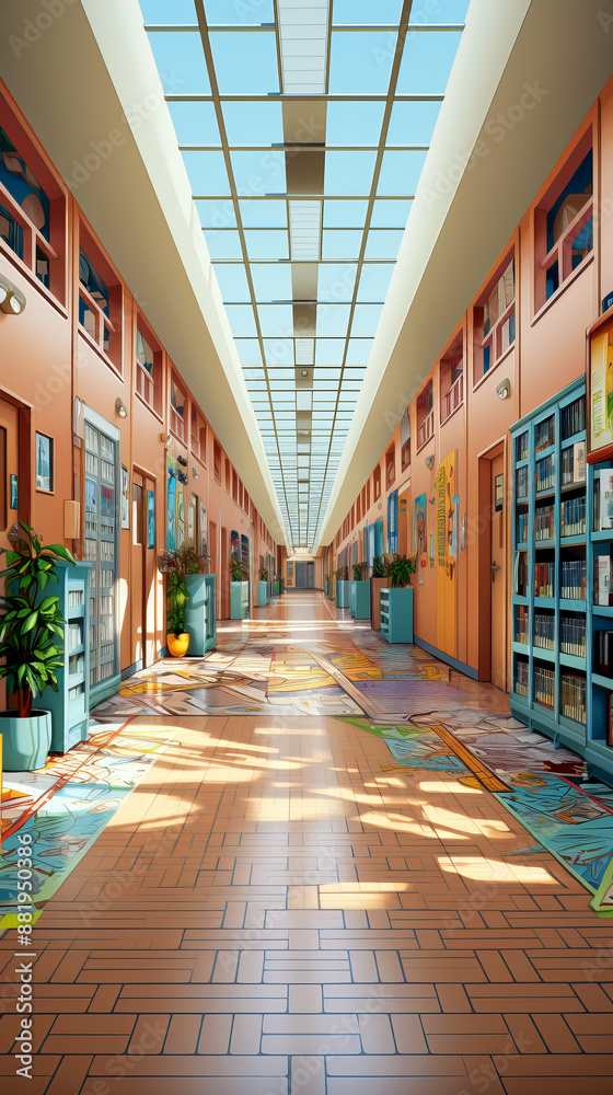Fototapeta premium A brightly lit, colorful school hallway with large windows, and polished floors reflecting the sunlight.