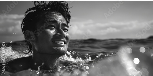 A person swimming in a body of water, captured in black and white