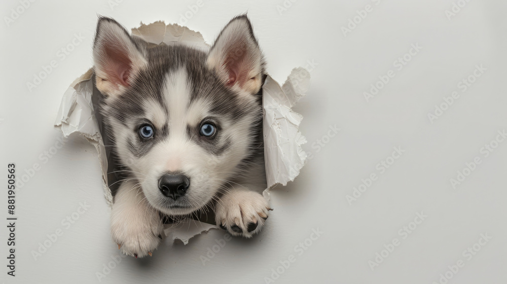 Adorable Siberian Husky dog puppy sticking his head out of hole in white paper isolated on plain white background Adorable Siberian Husky dog puppy sticking his head out of hole in white paper isolated on plain white background