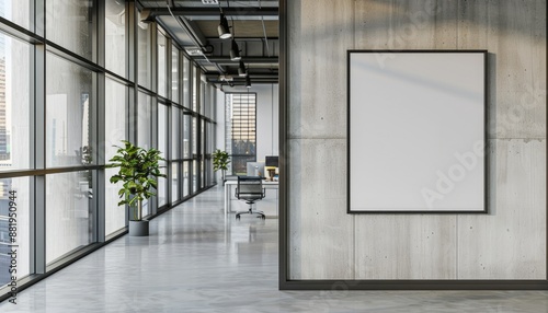 Modern glass, metal, and stone office interior mockup frame in background. Empty frame on wall