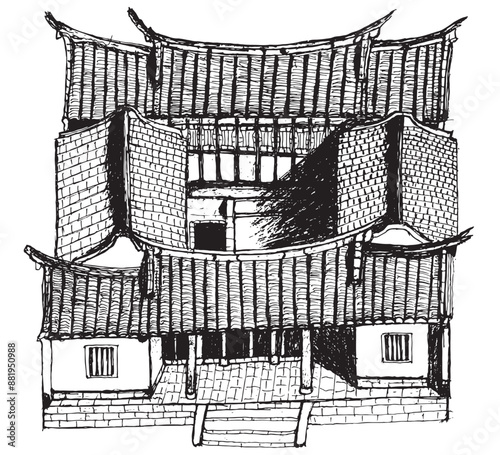 Hand-drawn Illustration of Fujian style courtyard house 