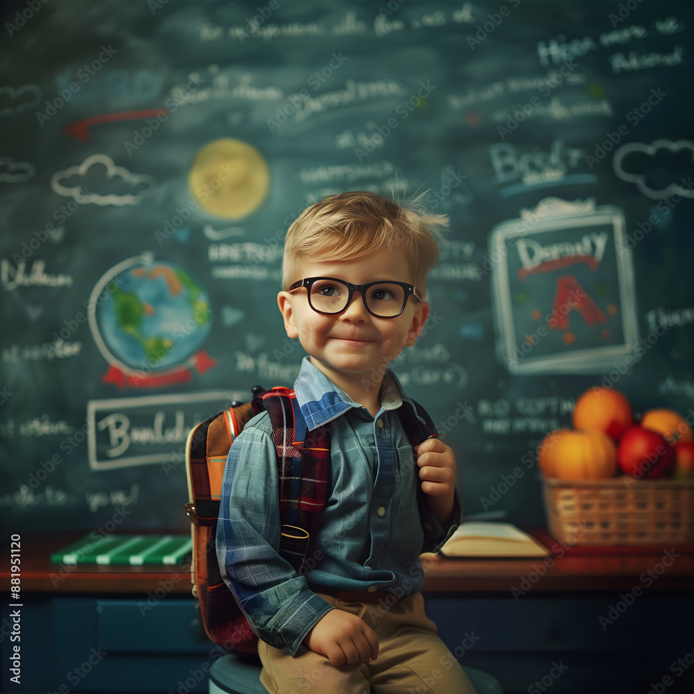 child with backpack on chalkboard background; happy student in a classroom; smiled blond 7s 8s 9s boy in glasses sitting and looking directly; back to school photo with cute nerd child with backpack on chalkboard background; happy student in a classroom; smiled blond 7s 8s 9s boy in glasses sitting and looking directly; back to school photo with cute nerd