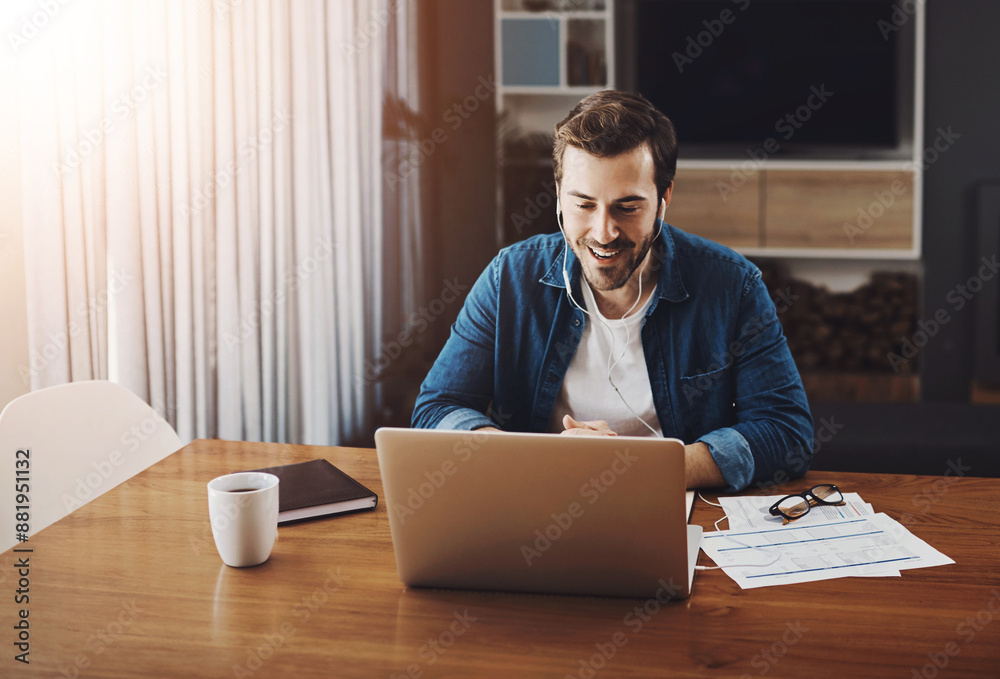 Male person, remote work and video call with laptop in home for online meeting, document for report on email marketing. Man, social media and web conference with computer for review of engagement Male person, remote work and video call with laptop in home for online meeting, document for report on email marketing. Man, social media and web conference with computer for review of engagement