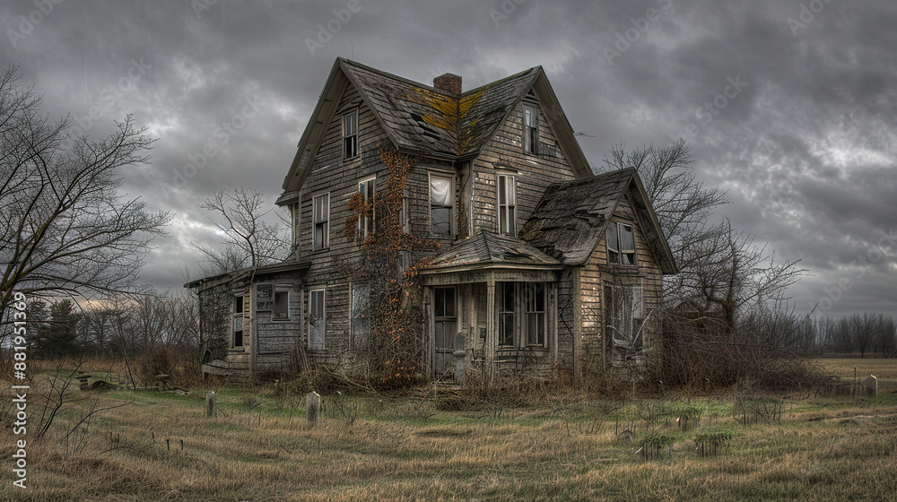 Abandoned Haunted House in Overgrown Field Under Cloudy Sky Abandoned Haunted House in Overgrown Field Under Cloudy Sky