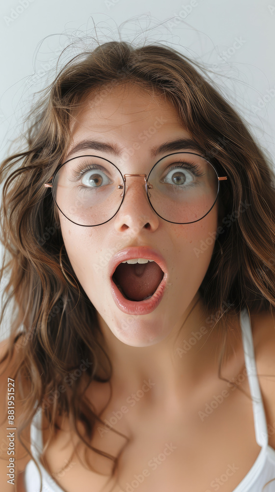 the enthusiastic surprised funny expression of the woman with glasses and brown hair with her mouth wide open wanting to say something with her eyes looking forward the enthusiastic surprised funny expression of the woman with glasses and brown hair with her mouth wide open wanting to say something with her eyes looking forward