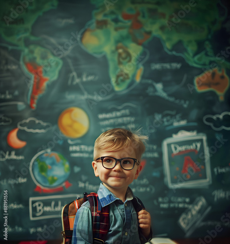 child with backpack on blackboard background; happy student in a classroom; smiled blond 7s 8s 9s boy in glasses standing and looking directly; back to school photo with cute nerd photo