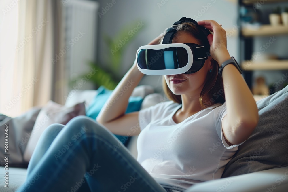 A woman sitting on a couch and using a modern virtual reality headset. An image representing modern cutting-edge technology and entertainment concepts for people A woman sitting on a couch and using a modern virtual reality headset. An image representing modern cutting-edge technology and entertainment concepts for people
