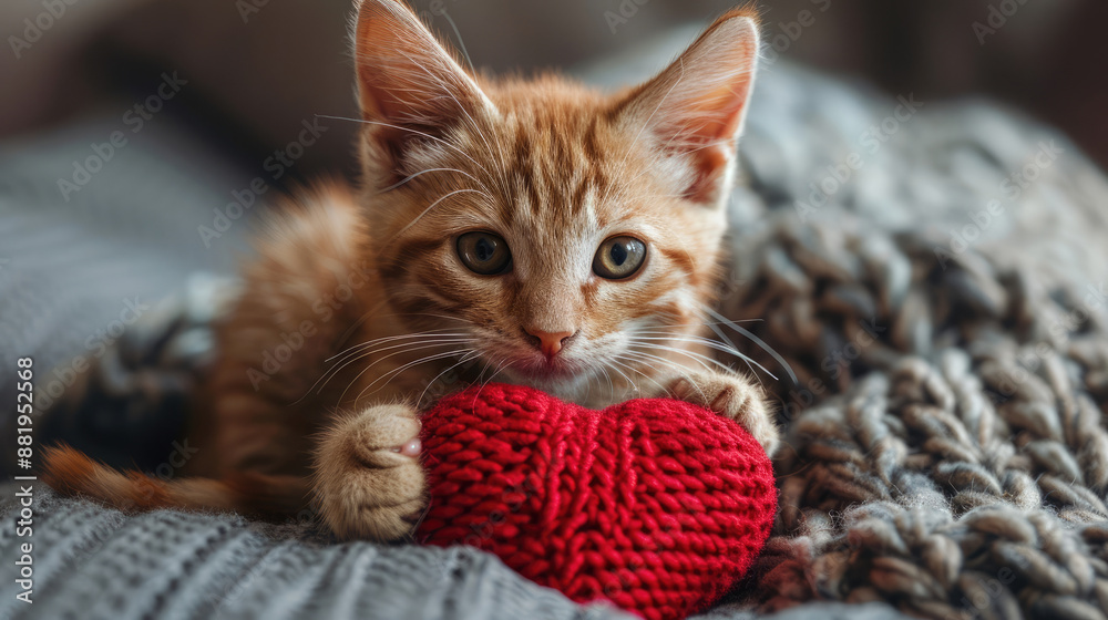 Cute kitten cat looking forward and holding a cute knitted red heart shape with paws on the sofa Cute kitten cat looking forward and holding a cute knitted red heart shape with paws on the sofa