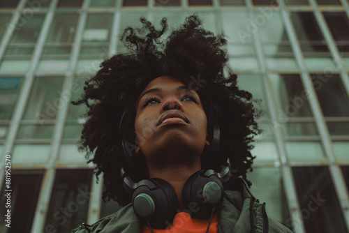 A young woman wearing headphones looks upwards in front of a modern glass building. The image captures her from an upward angle, emphasizing her determination and focus. photo