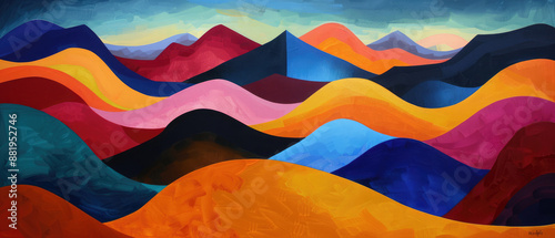 colorful wide abstract painting of a vast multi-layered mountain landscape in a religious style of organic shapes combined with geometric shapes in bright dark orange and sky blue color