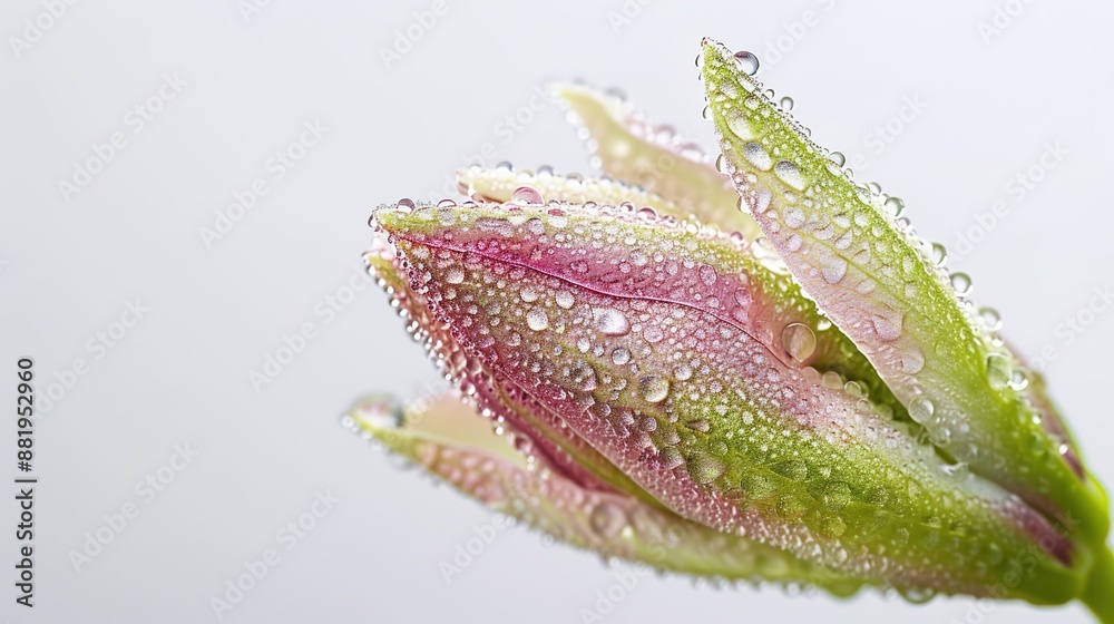 Macro Photography of Water Droplets on Flower Bud with High Contrast, White Background in Soft Lighting Macro Photography of Water Droplets on Flower Bud with High Contrast, White Background in Soft Lighting