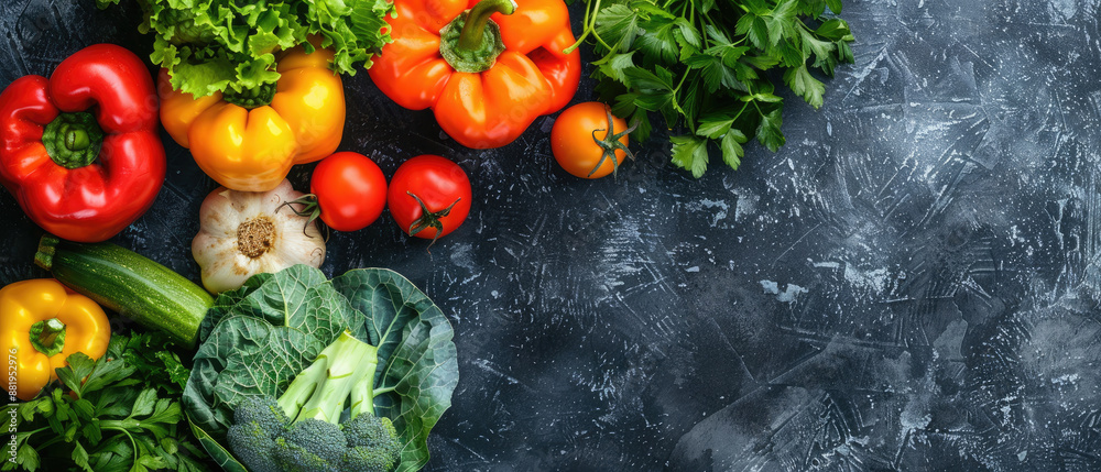 lots of various raw fresh vegetables scattered on a wooden table with a view of the wooden table from above with empty space for text