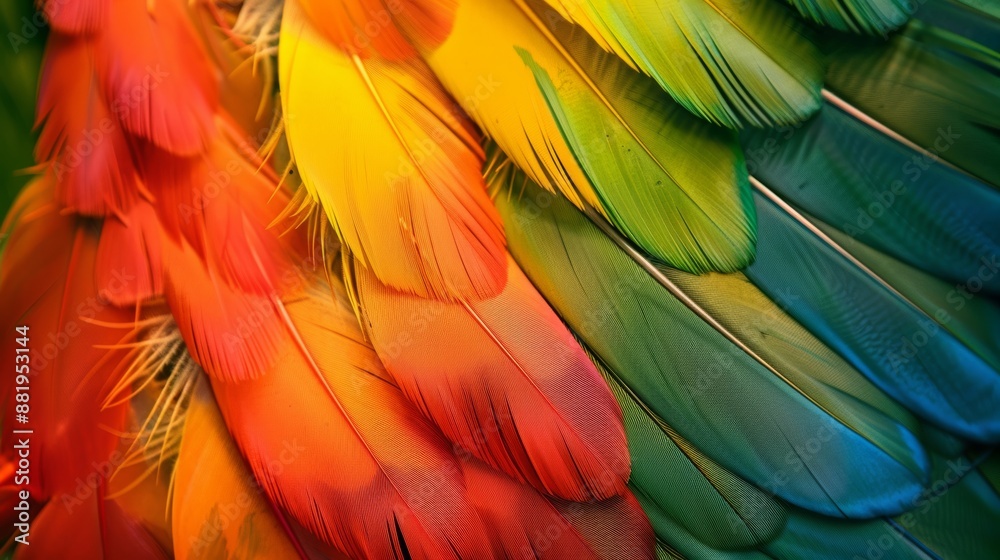 Fototapeta premium Close-up photo of colorful feather background with yellow tips.
