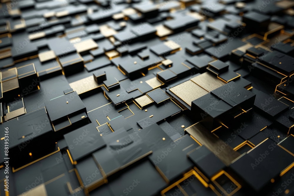 Fototapeta premium digital representation of numerous black and gold blocks arranged in a complex pattern, creating a modern and futuristic look. The geometric design is striking and sophisticated