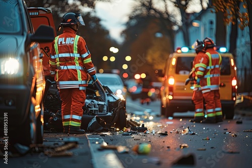 Paramedics and firefighters attend to a car accident, debris litters the street. Generative AI