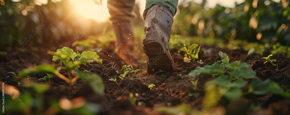 A close-up of a farmer's muddy boots in a field of lush green crops. A close-up of a farmer's muddy boots in a field of lush green crops.