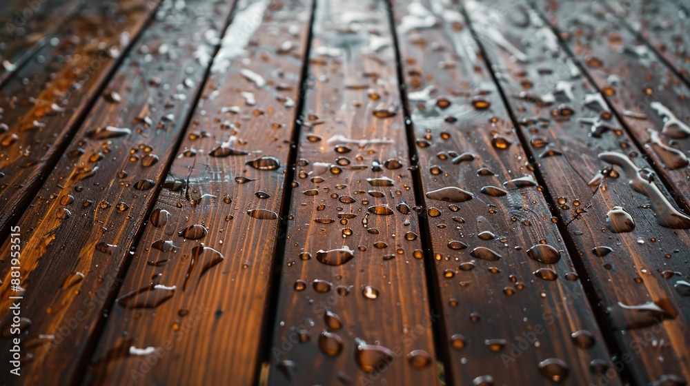 Detailed capture of rain on a wooden surface, highlighting the grain and wetness, with diffused natural light and ample copy space 