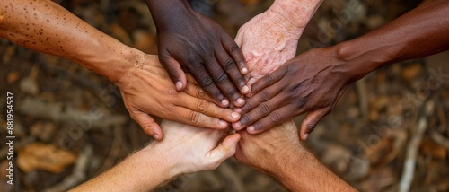 Diverse hands clasped together, symbolizing unity and collaboration.