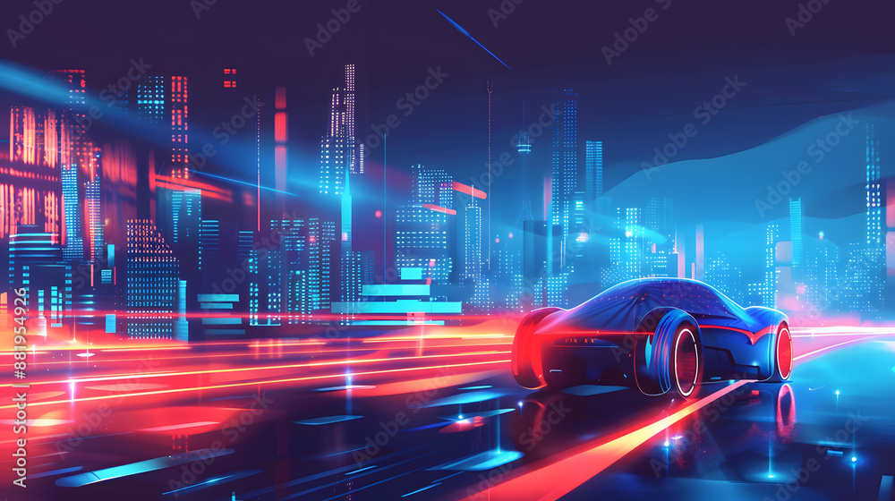 Sleek futuristic car driving through a neon-lit city of the future Sleek futuristic car driving through a neon-lit city of the future