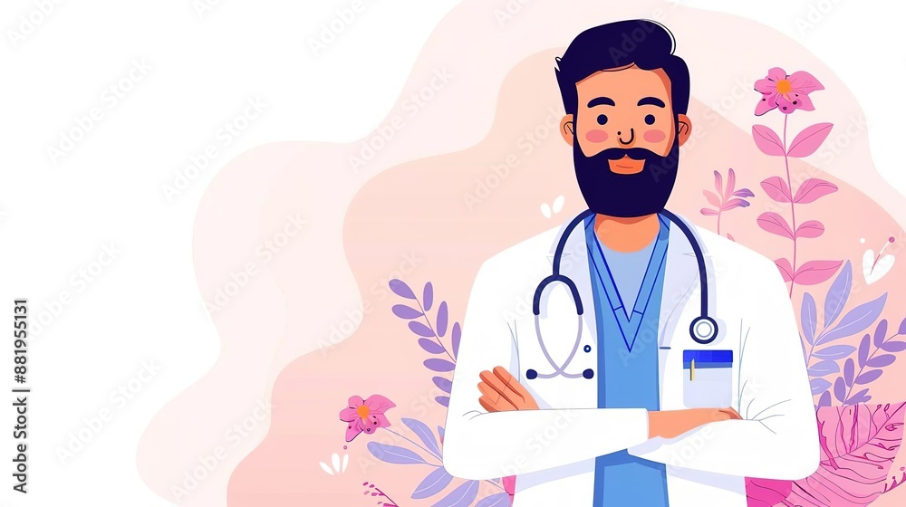 Smiling doctor with stethoscope and arms crossed, standing in front of a pink and floral background. Smiling doctor with stethoscope and arms crossed, standing in front of a pink and floral background.